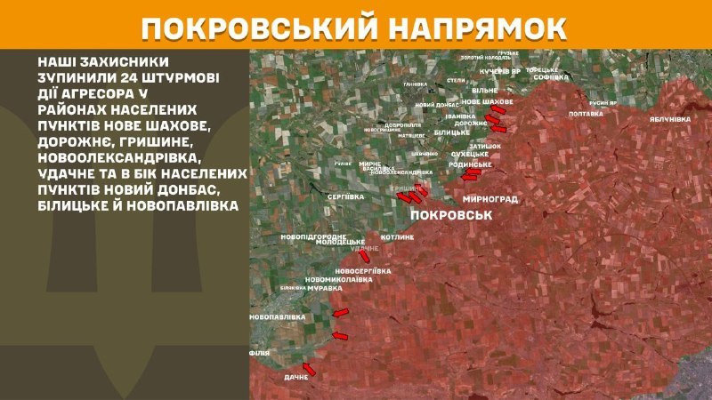 At Pokrovsk direction clashes yesterday near Nove Shakhove, Dorozhnye, Hryshyne, Novooleksandrivka, Udachne and towards Novyy Donbas, Bilytske and Novopavlivka, - General Staff of Armed Forces of Ukraine reports