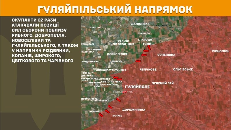 At Huliaipole direction clashes yesterday near Rybne, Dobropillya, Novoselivka and Huliaipilske, also towards Rizdvyanka, Kopani, Shyroke, Tsvitkove and Charivne, - General Staff of Armed Forces of Ukraine reports
