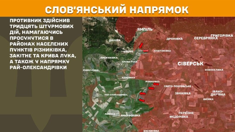 At Sloviansk direction clashes yesterday near Riznykivka, Zakitne and Kryva Luka, also towards Ray-Oleksandrivka, - General Staff of Armed Forces of Ukraine reports