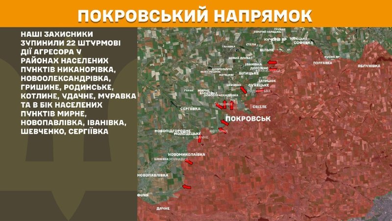 At Pokrovsk direction clashes yesterday near Nykanorivka, Novooleksandrivka, Hryshyne, Rodynske, Kotlyne, Udachne, Muravka and towards Myrne, Novopavlivka, Ivanivka, Shevchenko, Serhiyivka, - General Staff of Armed Forces of Ukraine reports
