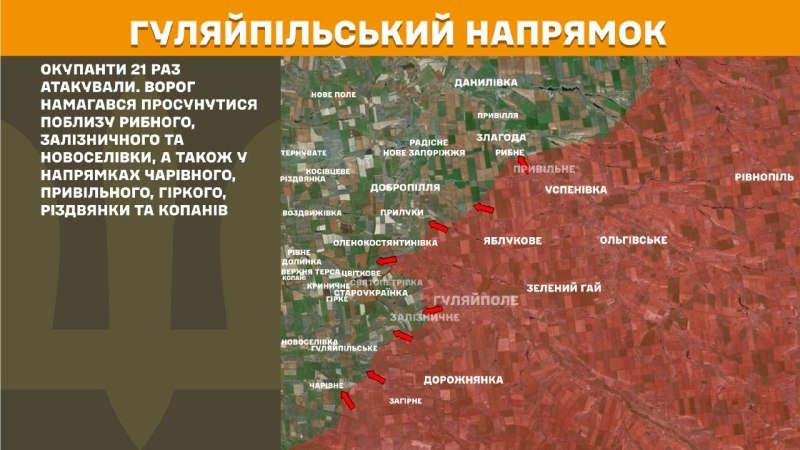 At Huliaipole direction clashes yesterday near Rybne, Zaliznychne and Novoselivka, and towards Charivne, Pryvilne, Hirke, Rizdvyanka and Kopani, - General Staff of Armed Forces of Ukraine reports