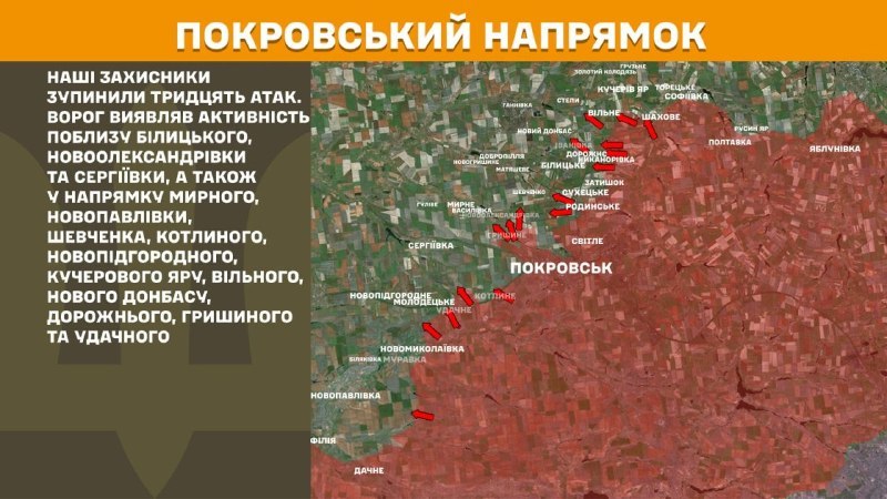 At Pokrovsk direction clashes yesterday near Bilytske, Novooleksandrivka and Serhiyivka, also towards Myrne, Novopavlivka, Shevchenko, Kotlyne, Novopidhorodne, Kucheriv Yar, Vilne, Novyi Donbas, Dorozhne, Hryshyne and Udachne, - General Staff of Armed Forces of Ukraine reports