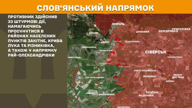 At Sloviansk direction clashes yesterday near Zakitne, Kryva Luka and Riznykivka, also towards Ray-Oleksandrivka, - General Staff of Armed Forces of Ukraine reports