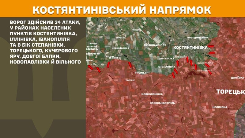 At Kostiantynivka direction clashes yesterday near Kostyantynivka, Illinivka, Ivanopillya, Stepanivka, Toretske, Kucheriv Yar, Dovha Balka, Novopavlivka, Vilne, - General Staff of Armed Forces of Ukraine reports