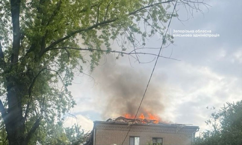 The roof of residential house is on fire in Zaporizhzhia after drone strike