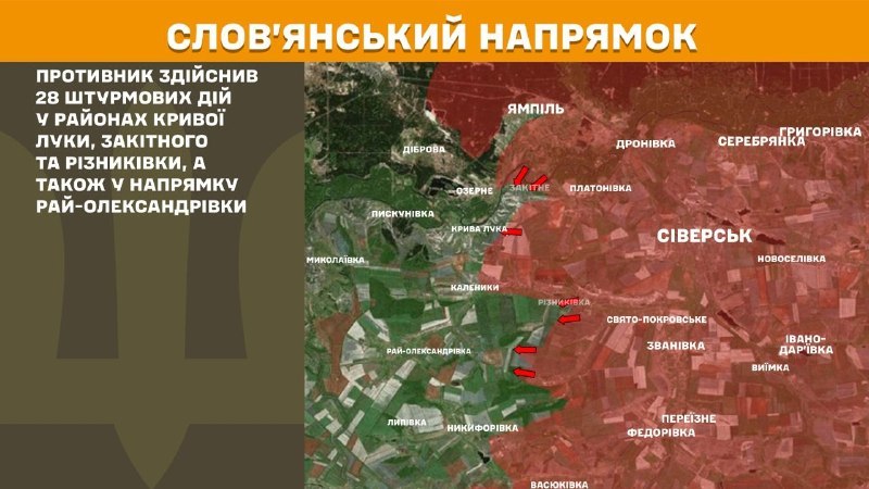 At Sloviansk direction clashes yesterday near Kryva Luka, Zakitne and Riznykivka, also towards Ray-Oleksandrivka, - General Staff of Armed Forces of Ukraine reports