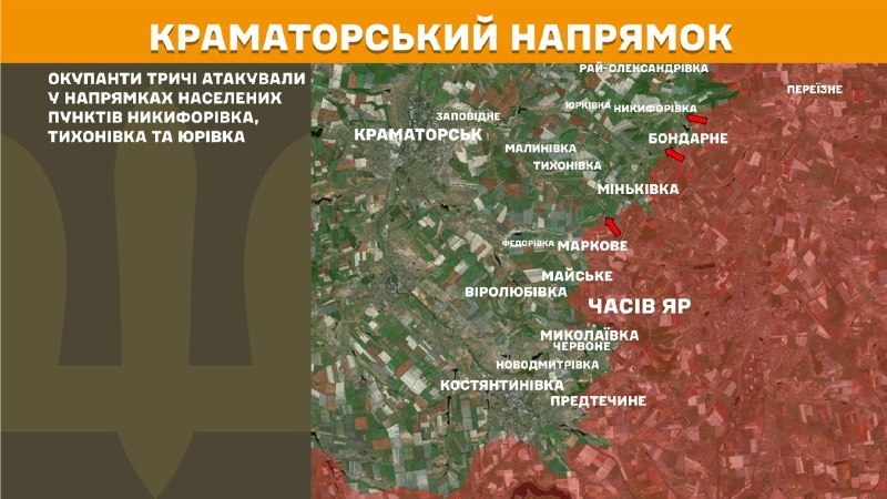 At Kramatorsk direction clashes yesterday near Nykyforivka, Tykhonivka and Yurivka, - General Staff of Armed Forces of Ukraine reports