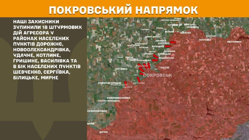 At Pokrovsk direction clashes yesterday near Dorozhnye, Novooleksandrivka, Udachne, Kotlyne, Hryshyne, Vasylivka and towards towns Shevchenko, Serhiyivka, Bilytske, Myrne, - General Staff of Armed Forces of Ukraine reports