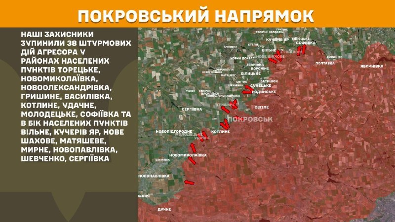 At Pokrovsk direction clashes yesterday near Toretske, Novomykolayivka, Novooleksandrivka, Hryshyne, Vasylivka, Kotlyne, Udachne, Molodetske, Sofiyivka and towards Vilne, Kucheriv Yar, Nove Shakhove, Matyasheve, Myrne, Novopavlivka, Shevchenko, Serhiyivka, - General Staff of Armed Forces of Ukraine reports