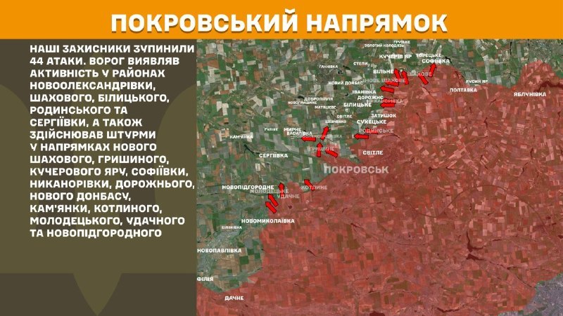 At Pokrovsk direction clashes yesterday near Novooleksandrivka, Shakhove, Bilytske, Rodynske and Serhiyivka, also towards Nove Shakhove, Hryshyne, Kucheriv Yar, Sofiyivka, Nykanorivka, Dorozhne, Novyi Donbas, Kamyanka, Kotlyne, Molodetske, Udachne and Novopidhorodne, - General Staff of Armed Forces of Ukraine reports