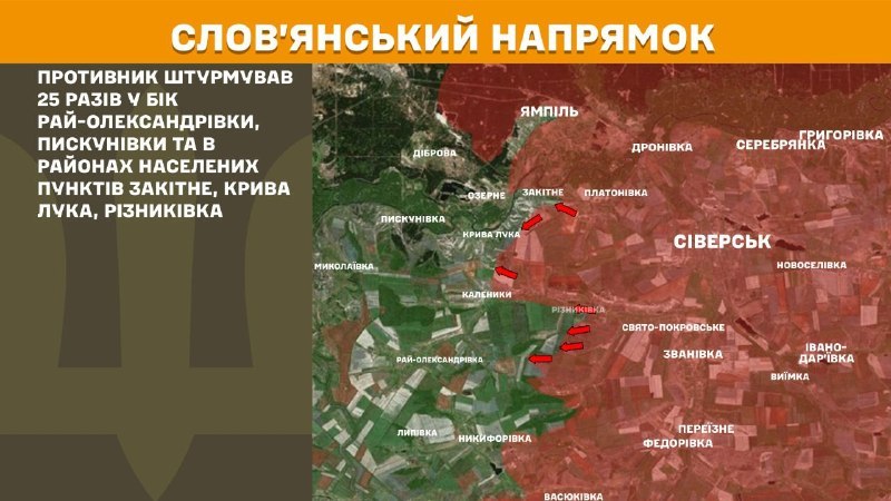At Sloviansk direction clashes yesterday near Ray-Oleksandrivka, Pyskunivka and near Zakitne, Kryva Luka, Riznykivka, - General Staff of Armed Forces of Ukraine reports
