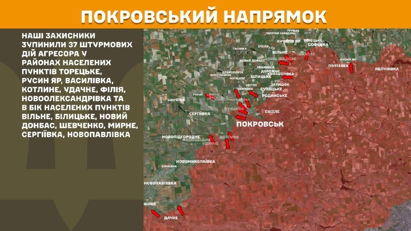 At Pokrovsk direction clashes yesterday near Toretske, Rusyn Yar, Vasylivka, Kotlyne, Udachne, Filiya, Novooleksandrivka and towards Vilne, Bilytske, Novyy Donbas, Shevchenko, Myrne, Serhiyivka, Novopavlivka, - General Staff of Armed Forces of Ukraine reports