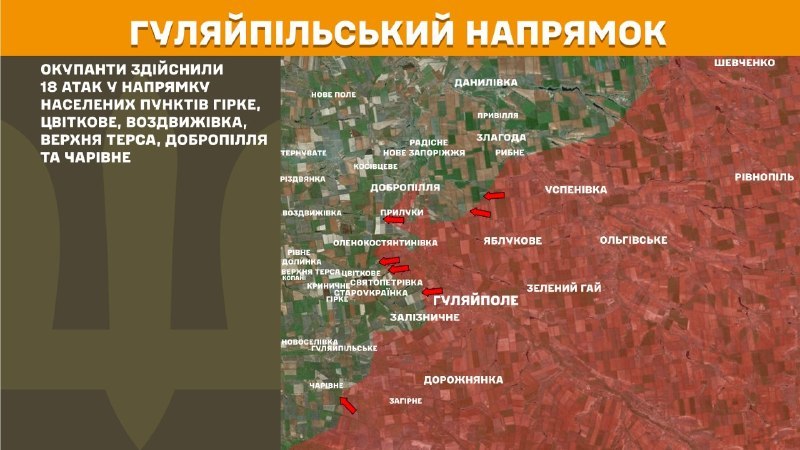 At Huliaipole direction clashes yesterday near Hirke, Tsvitkove, Vozdvyzhivka, Verkhnya Tersa, Dobropillya and Charivne, - General Staff of Armed Forces of Ukraine reports