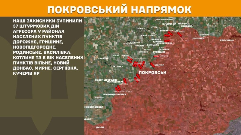 At Pokrovsk direction clashes yesterday near Dorozhnye, Hryshyne, Novopidhorodnie, Rodynske, Vasylivka, Kotlyne and towards towns Vilne, Novyy Donbas, Myrne, Serhiyivka, Kucheriv Yar, - General Staff of Armed Forces of Ukraine reports