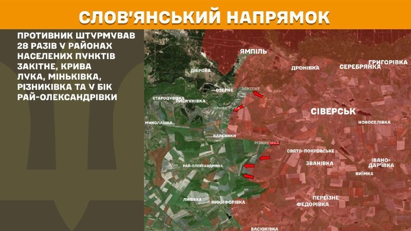 At Sloviansk direction clashes yesterday near Zakitne, Kryva Luka, Minkivka, Riznykivka, Ray-Oleksandrivka, - General Staff of Armed Forces of Ukraine reports