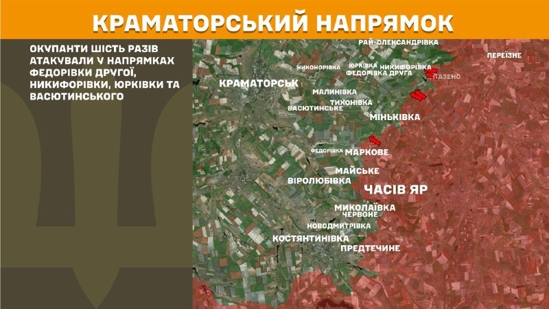 At Kramatorsk direction clashes yesterday near Fedorivka Druha, Nykyforivka, Yurkivka, Vasutynske, - General Staff of Armed Forces of Ukraine reports