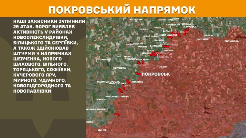 At Pokrovsk direction clashes yesterday near Novooleksandrivka, Bilytske and Serhiyivka, also Shevchenko, Nove Shakhove, Vilne, Toretske, Sofiyivka, Kucheriv Yar, Myrne, Udachne, Novopidhorodne and Novopavlivka, - General Staff of Armed Forces of Ukraine reports