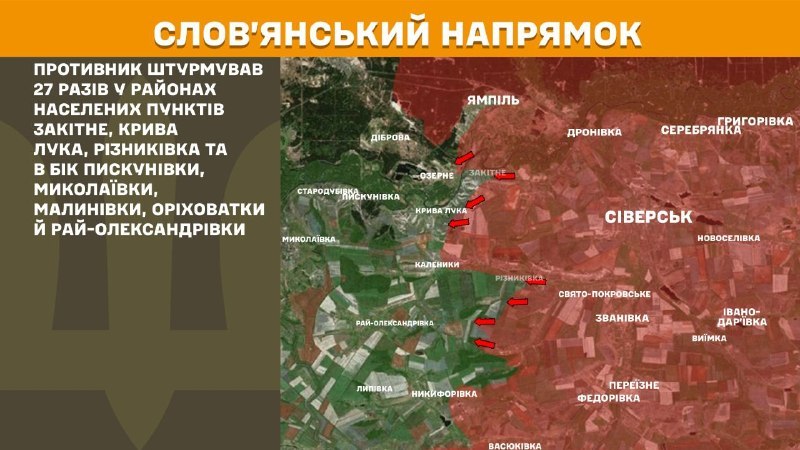 At Sloviansk direction clashes yesterday near Zakitne, Kryva Luka, Riznykivka, Pyskunivka, Mykolayivka, Malynivka, Orikhovatka, Ray-Oleksandrivka, - General Staff of Armed Forces of Ukraine reports