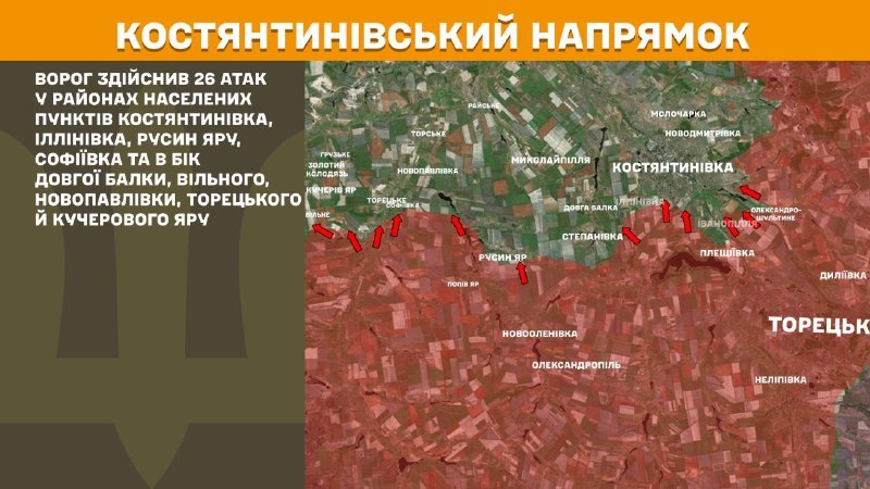 At Kostiantynivka direction clashes yesterday near Kostyantynivka, Illinivka, Rusyn Yar, Sofiyivka, Dovha Balka, Vilne, Novopavlivka, Toretske, Kucheriv Yar, - General Staff of Armed Forces of Ukraine reports