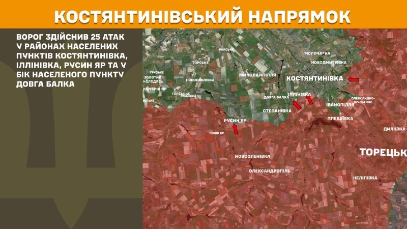 At Kostiantynivka direction clashes yesterday near Kostyantynivka, Illinivka, Rusyn Yar, Dovha Balka, - General Staff of Armed Forces of Ukraine reports