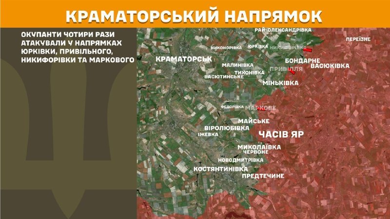 At Kramatorsk direction clashes yesterday near Yurkivka, Pryvilne, Nykyforivka and Markove, - General Staff of Armed Forces of Ukraine reports