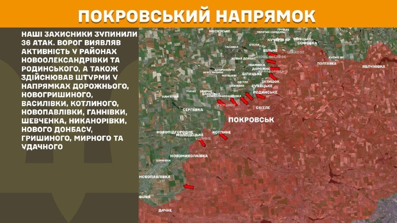 At Pokrovsk direction clashes yesterday near Novooleksandrivka and Rodynske, Dorozhne, Novohryshyne, Vasylivka, Kotlyne, Novopavlivka, Hannivka, Shevchenka, Nykanorivka, Novyi Donbas, Hryshyne, Myrne and Udachne, - General Staff of Armed Forces of Ukraine reports