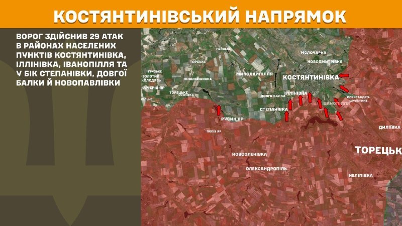 At Kostiantynivka direction clashes yesterday near Kostyantynivka, Illinivka, Ivanopillya and towards Stepanivka, Dovha Balka and Novopavlivka, - General Staff of Armed Forces of Ukraine reports