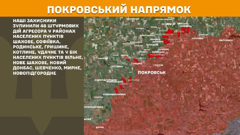 At Pokrovsk direction clashes yesterday near Shakhove, Sofiyivka, Rodynske, Hryshyne, Kotlyne, Udachne and towards towns Vilne, Nove Shakhove, Novyy Donbas, Shevchenko, Myrne, Novopidhorodnie, - General Staff of Armed Forces of Ukraine reports