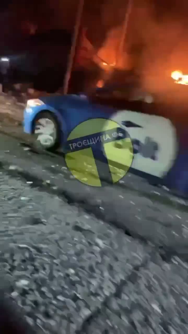 Big fire at the site of drone strike in Pohreby in Kyiv region